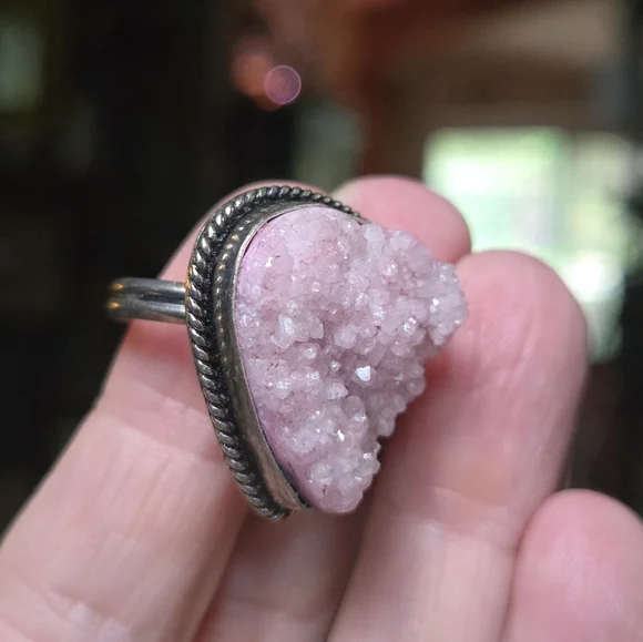 Vintage Style rose quartz Druzy sterling Ring sz8 - Picture 8 of 10